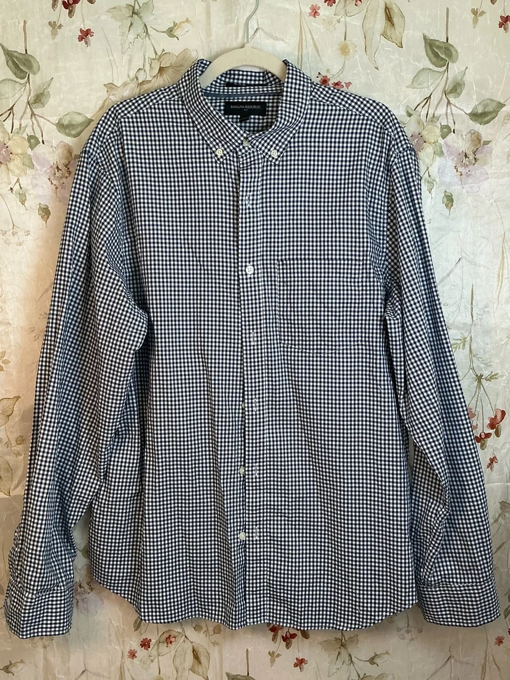 Banana Republic Untucked Fit Gingham Button Down Shirt Navy White Men's XL